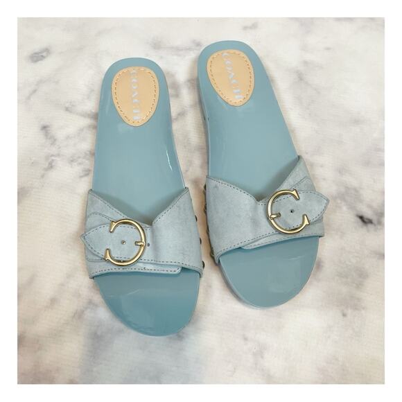 COACH Bleeker C Buckle Waterfall Blue Suede Slide Sandals - Picture 4 of 10
